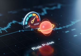 Abstract risk pulse analysis with a glowing futuristic gauge and a sphere representing data, symbolising financial volatility and market trend.