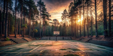 Abandoned basketball court at dusk with empty seats and fading light, surrounded by tall trees in a dimly lit atmosphere, stadium