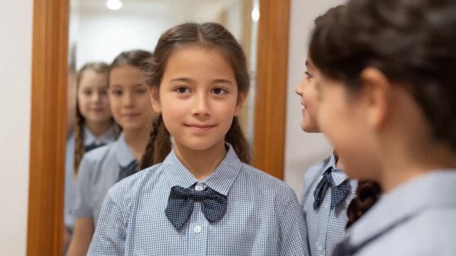 Mirror Reflection: Young school girl in uniform looking and reflecting in mirror. Capturing a moment of self-reflection and the beauty of youth, bathed in soft, natural light.