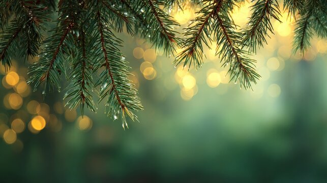 Close up of pine tree branches with dew drops and golden sunlight bokeh background