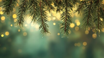 Evergreen pine branches in natural sunlight with soft green bokeh background