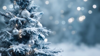 Snow covered Christmas tree with silver baubles and falling snow on blue festive bokeh background