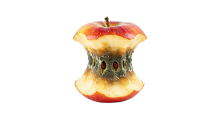 A partially eaten apple core with signs of decay and mold isolated on a solid color surface