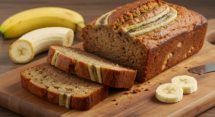 A freshly baked loaf of banana bread, partially sliced, sits on a wooden cutting board next to fresh bananas.