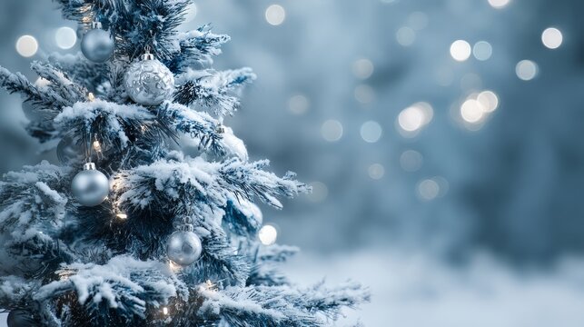 Snow covered Christmas tree with silver baubles and falling snow on blue festive bokeh background