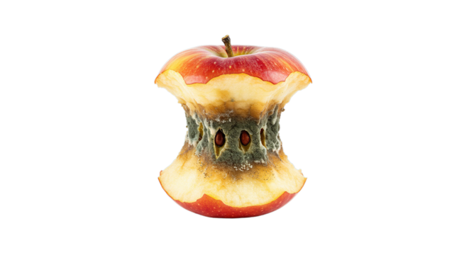 A partially eaten apple core with signs of decay and mold isolated on a solid color surface