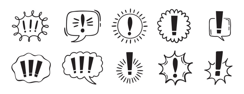 exclamation mark icon with bubble chat set, comix exclamation mark icon doodle hand drawn. Outline line drawing clipart symbol