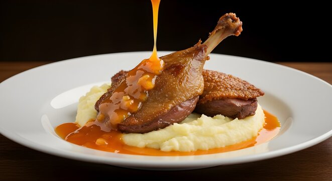 A gourmet dish of roasted duck leg confit on creamy mashed potatoes, with a savory orange sauce being poured over it. - Powered by Adobe