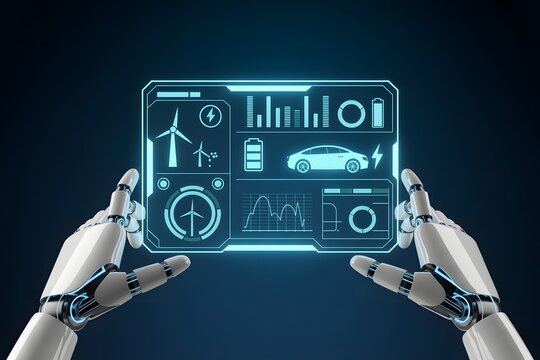 Robotic Hands Interacting with a Futuristic Interface Displaying Electric Vehicle Data Battery Status Wind Turbine Energy Generation and Performance Metrics on a Glowing