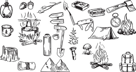 Obraz premium Hand-drawn camping and hiking equipment vector art set in black and white line art.