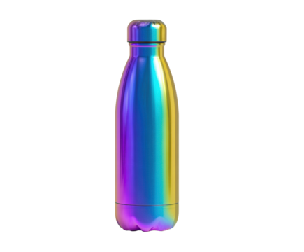 Colorful metallic water bottle for hydration and outdoor activities on a transparent background, cut out