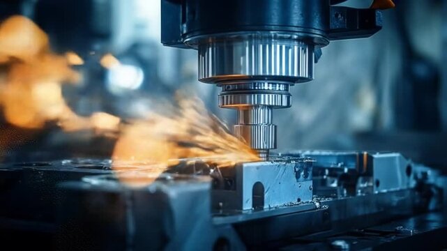 A high-precision CNC milling machine in action, cutting through metal, with sparks flying and an industrial workshop setting in the background, showcasing advanced manufacturing technology