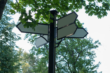 Signpost arrows with copy space against cloudy blue sky