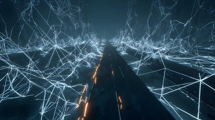 A dark, futuristic highway is framed by a network of luminous, interconnected lines.