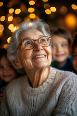Obraz premium Elderly woman in glasses surrounded by grandchildren during Christmas