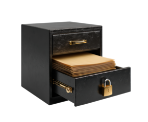 Elegant black filing cabinet for office organization and storage needs on a transparent background, cut out