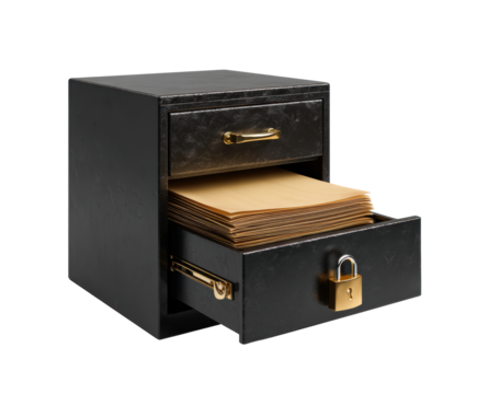 Elegant black filing cabinet for office organization and storage needs on a transparent background, cut out