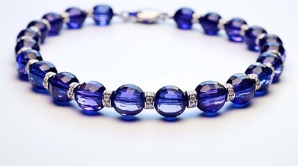 Obraz premium A sapphire necklace with multiple small round stones in a pave setting, draped elegantly on a white surface, clean light reflection on metal and gems, full frame,