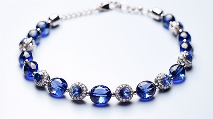 Obraz premium A sapphire necklace with multiple small round stones in a pave setting, draped elegantly on a white surface, clean light reflection on metal and gems, full frame,