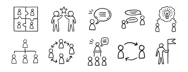 meeting team icon work team doodle hand drawn icon set. Outline drawing line clipart symbol collection © Yanka