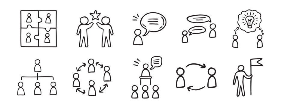 meeting team icon work team doodle hand drawn icon set. Outline drawing line clipart symbol collection