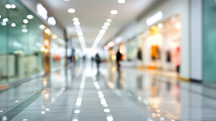 Shopping center passage with clean tile flooring and modern storefronts reflecting indoor lights