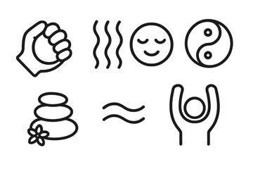 Collection of simple line art icons representing wellness, relaxation, and balance, including a fist, wavy lines, a serene face, yin yang symbol, stacked stones with a flower, and a person with raise