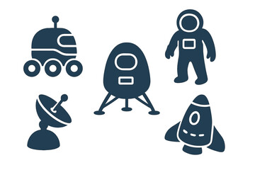 Collection of stylized space exploration icons including a rover, astronaut, rocket, lander, and satellite dish against a dark, subtly striped background with a blue glow effect. © icon_art