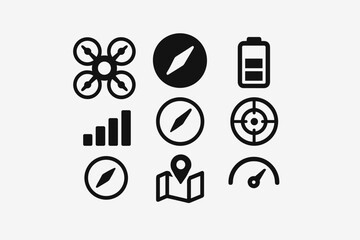 Collection of nine black navigation and technology icons, including a drone, compasses, battery, signal bars, target, map pin, and speedometer, presented on a transparent background.