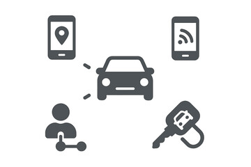 Modern automotive integration and digital services concept featuring a connected car, smartphone navigation, wireless connectivity, key fob, and user sharing icons, symbolizing advanced vehicle techn