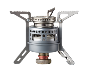 Compact portable camping stove designed for outdoor cooking on a transparent background, cut out
