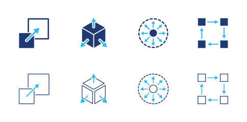 Scale up icon set. Containing growth arrow, cube expansion, circle distribution, and square extension icons. icon collection.