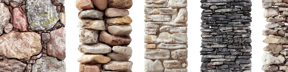 Four vertical sections of natural stone walling, displaying varied tones and textures