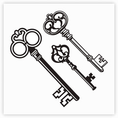 Vintage keys set simple black silhouette vector isolated on white background -