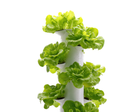 Vertical garden for growing fresh lettuce at home on a transparent background, cut out