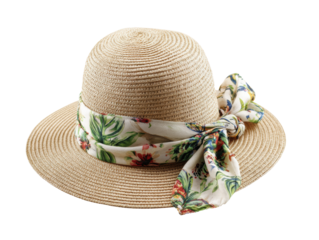 Stylish summer hat with floral ribbon for casual outdoor wear on a transparent background, cut out