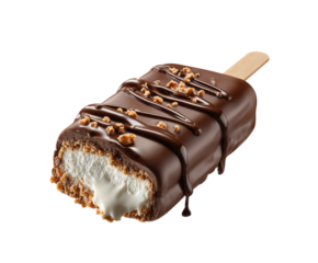 Chocolate covered ice cream on a stick for dessert on a transparent background, cut out
