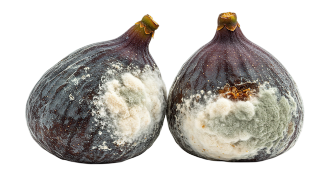 Two figs with mold growing on their surface, close up view showing the texture and color variations well