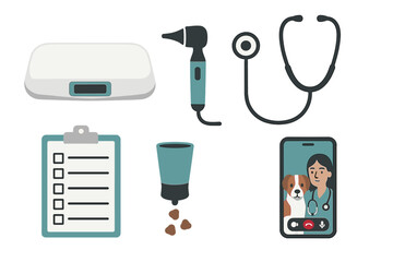 Veterinary medical equipment and telemedicine consultation with a dog and veterinarian, vector illustration showcasing modern animal healthcare tools and remote patient care.
