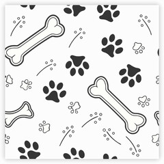 Seamless pattern featuring dog paw prints and bones in brown and orange colors on a white background ideal for textile and packaging