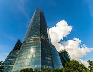 Modern skyscraper against a clear blue sky