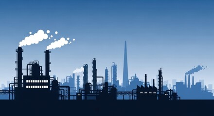 Obraz premium Silhouette of a sprawling industrial complex with smoking chimneys against a blue sky