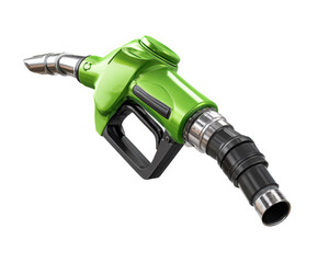 Green fuel nozzle designed for eco friendly refueling options on a transparent background, cut out