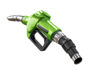 Green fuel nozzle designed for eco friendly refueling options on a transparent background, cut out