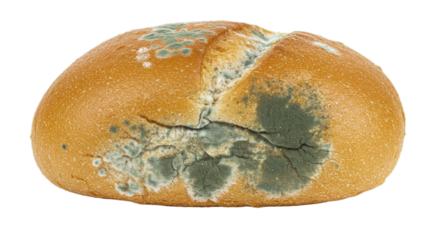 Close up of a loaf of bread covered with green and white mold showing signs of food spoilage decay