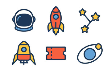 Fototapeta premium Vibrant Collection of Space-Themed Icons: Astronaut Helmet, Rockets, Star Constellation, Ticket, and Planet Orbiting Star on a Glowing Dark Background