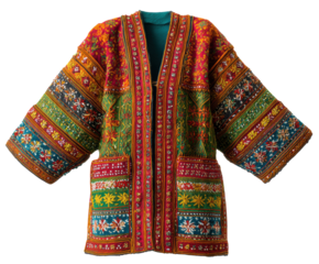 Vibrant garment featuring intricate embroidery on a transparent background, cut out