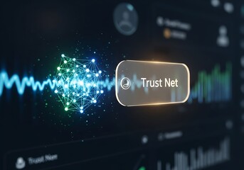 Digital concept of a "Trust Net" on a futuristic interface, featuring a glowing network of connected nodes and data visualizations.