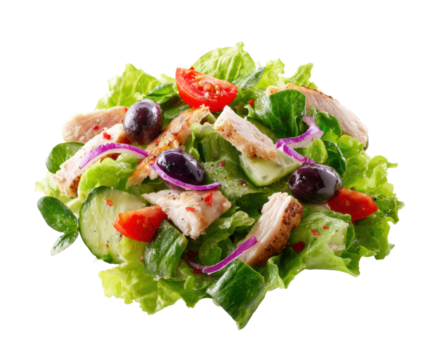 Fresh chicken salad with mixed vegetables and herbs for healthy meal on a transparent background, cut out