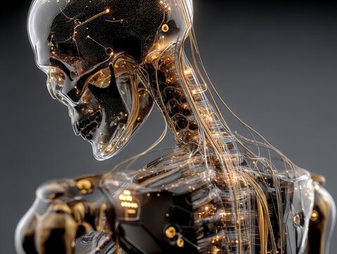 Closeup of a transparent human skull and neck revealing glowing golden circuits and neural pathways, symbolizing ai and technology - Powered by Adobe
